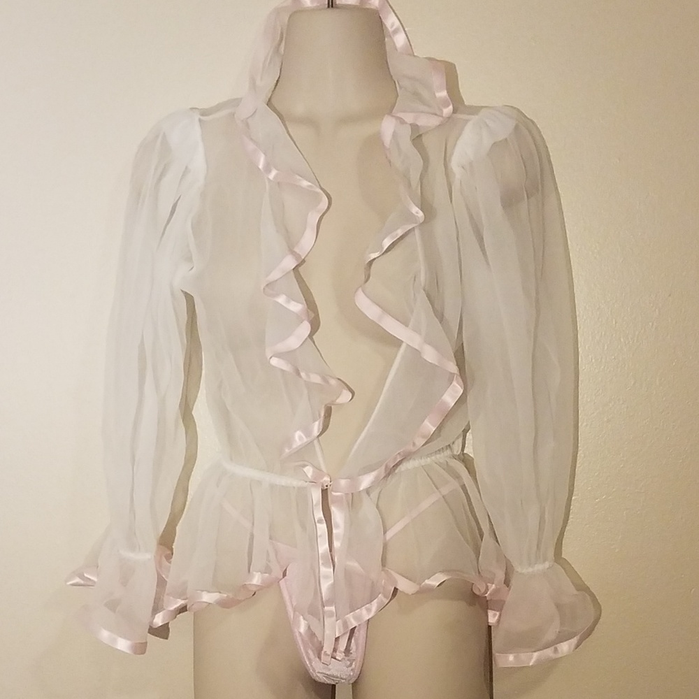 Pink and white sheer robe and panties